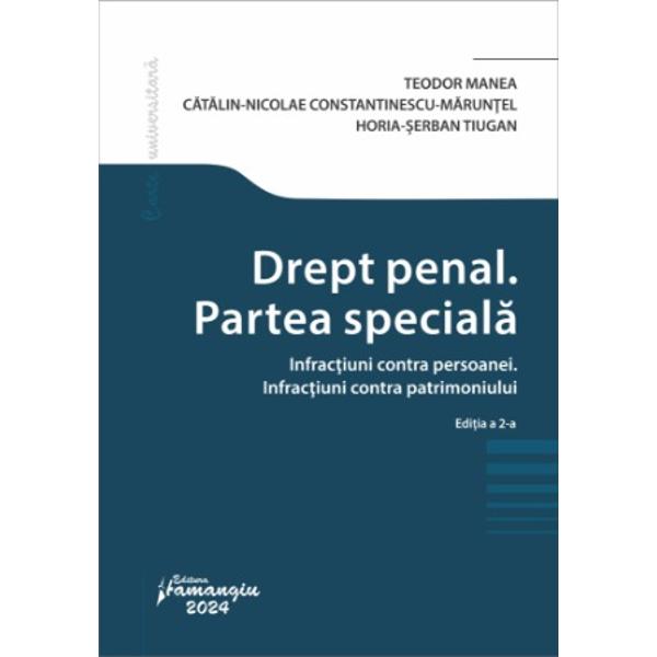 Drept penal Partea speciala Infractiuni contra persoanei Infractiuni contra patrimoniului este un curs complex care trateaza o parte din infractiunile reglementate in partea speciala a Codului penal care se gasesc in programa de studiu a facultatilor de drept Analiza fiecarei infractiuni in parte este completata spre o mai buna intelegere de numeroase exemple relevante din jurisprudentaLucrarea este impartita in doua mari titluri „Infractiuni contra 