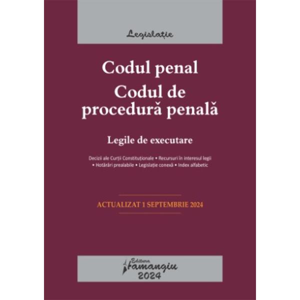 Codul penal Codul de procedura penala Legile de executare reuneste cele doua coduri penale in vigoare si pe langa acestea cuprinde si cele doua legi de executare a pedepselor a masurilor privative si neprivative de libertate – Legile nr 253 si nr 254 din 2013De asemenea Codul penal Codul de procedura penala Legile de executare prezinta pe langa textele consolidate ale codurilor deciziile Curtii Constitutionale prin care s-a constatat neconstitutionalitatea unor 