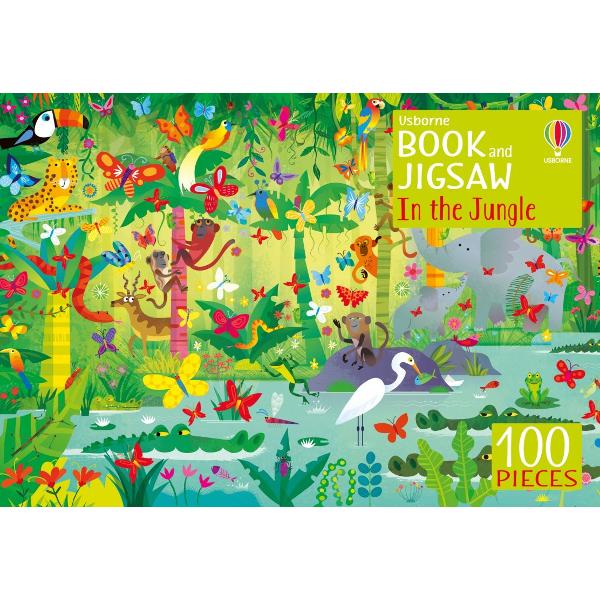 A brilliantly colourful 100-piece jigsaw showing a busy jungle scene plus a 24-page picture puzzle book presented together in a sturdy box The jigsaw measures 59 x 40cm and both the jigsaw and book are packed with things to spot Can you spot a sloth wearing slippers crocodiles hiding in the water toucans with identical beaks and lots more The puzzle book is a condensed version of the book Picture Puzzles in the Jungle