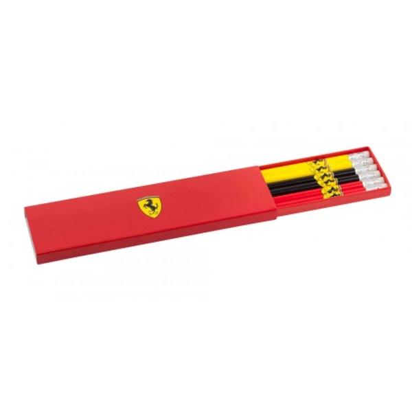 Set Ferrari 6 creioane este un instrument de scris elegant marca Ferrari Setul contine 2 creioane negre 2 creioane rosii si 2 creioane galbene Toate aceste creioane pentru desen sau scris au si guma de sters la capat Logo-ul Ferrari este desenat pe fiecare creion in parte Prancing Horse simbolul celebrului Ferrari este un cal cabrat negru pe fond galben de obicei cu literele SF de la Scuderia Ferrari Calul este simbolul unic Ferrari recunoscut in intreaga 