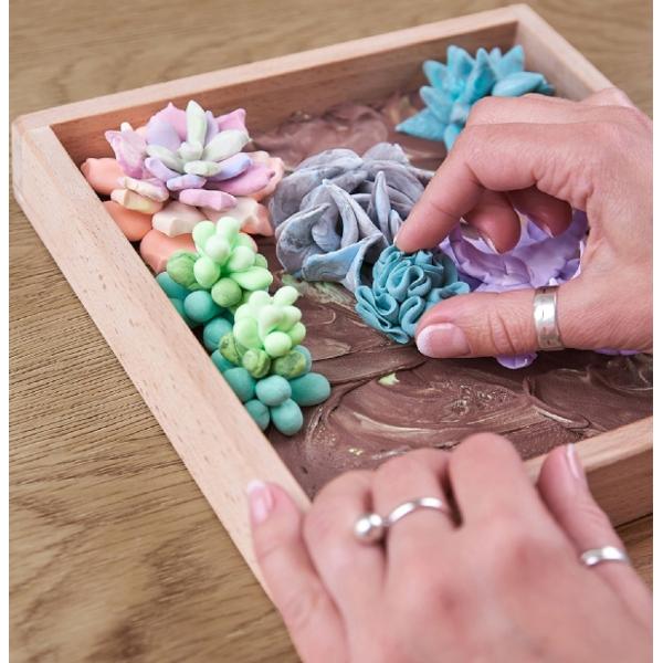 Setul de plastilina Okto in rama de lemn Wood & Craft DIY Sensory Art - Succulents pentru realizarea de imagini ofera copiilor creativi posibilitatea de a crea imagini cu efect tridimensional Setul ofera un proces relaxant de modelare a florilor in timpul caruia puteti crea o compozitie interioara unica In acest set creativ Sensory Art pictura Succulents Tenderness poate fi modelata din materialul usor ca spuma asemanator 