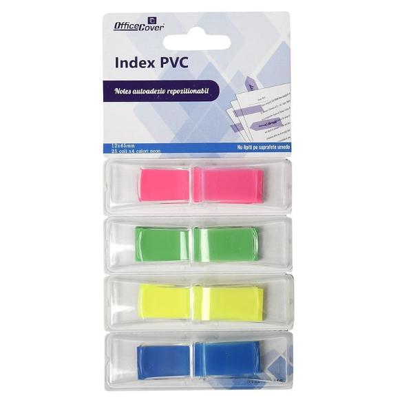 Notes adeziv index PVC neon 12x45 mm 4 culori neon a cate 25 de index fiecare Office Cover PopUp SN5412