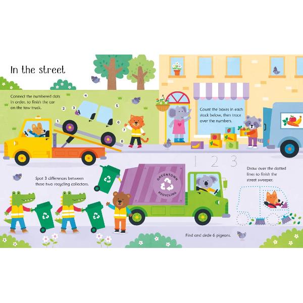 Packed with activities to help children develop their skills in pen control this fun book is full of mazes to solve dots to join differences to spot objects to find and count as well as trucks and diggers to draw Little hands will find the felt-tip pen comfortable to hold and the ink wipes off easily with no mess so children can enjoy the activities time after time