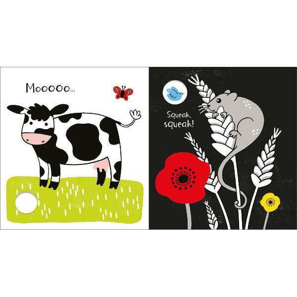 This robust board book will fascinate babies and introduce them to life on the farm from big animals to bees and tractors Every page is designed to stimulate developing minds with striking high-contrast illustrations and inviting holes to peep through