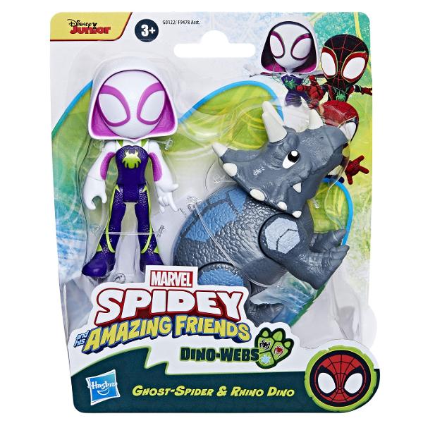 Alaturati-va echipei Spidey in ultimele lor aventuri cu dinosaurii cu acest set de jucarii Marvel Spidey and His Amazing Friends Acest set de figurine de actiune poate incuraja jocurile de aventura mari si imaginative pentru prescolari cu varsta de 3 ani in sus Colecteaza toate personajele si cauta si mai multe jucarii Spidey si prietenii lui uimitori pentru actiunea Dino-Webs pentru slinging web Acest pachet contine figurinele Ghost Spider si Rhino Dino