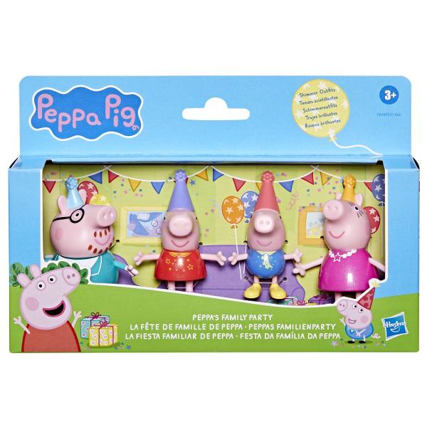 Fa cunostinta cu familia Pig Fiecare set contine 4 figurine de 76 cm cu mebrii familiei Pig mama tata Peppa si George iar seturile vin cu decoratiuni tematice specifice Fiecare set se vinde separat