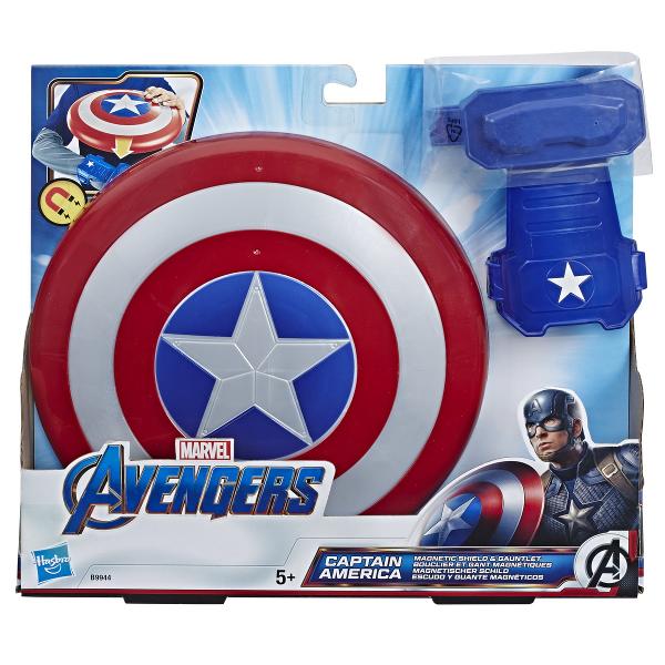 Imaginati-va ca va pregatiti de lupta precum Captain America cu acest set cu scut magnetic si manusa inspirate de primul Super Soldat al Americii Manusa contine un magnet care blocheaza scutul fixandu-l la incheietura mainii astfel incat scutul sau sa fie cat mai asemanator cu cel din film Scoate-ti scutul pentru a-l arunca precum un dusc Setul include scut si manusa