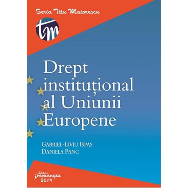 Drept institutional al Uniunii Europene este un curs universitar conceput in scopul de a oferi studentilor si publicului neavizat in domeniu o incursiune in problematica Uniunii Europene care se dovedeste a fi una neasteptat de incitanta actuala si cu implicatii profunde in societatea nationala si in spatiul internationalCartea este structurata in trei parti Teoria generala Institutiile Uniunii Europene respectiv Piata interna si libertatileIn partea intitulata Teoria 