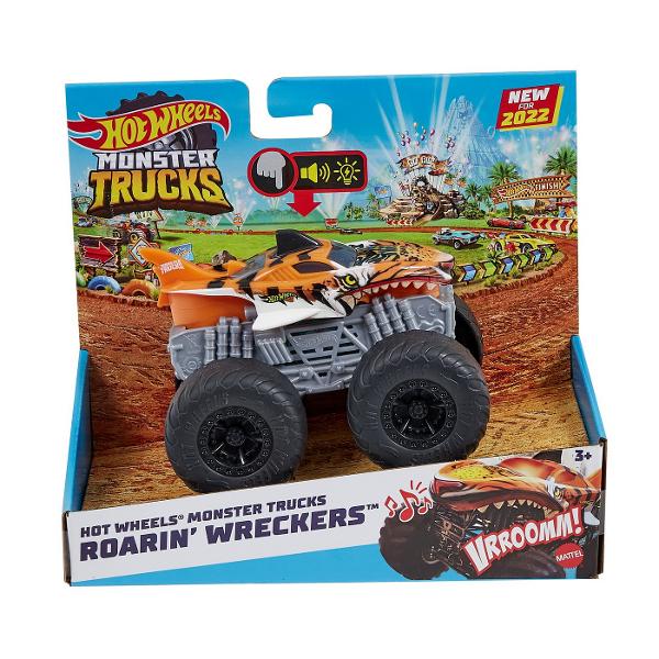 Aceasta colectie de camioane Hot Wheels Monster Trucks Roarin&39 Wreckers asigura toata actiunea de lovire si busire cu plusul de lumini si sunete pentru a imbunatati experienta Fiecare camioneta este la scara 143 si include grafica uimitoare si rotile gigantice ale marcii Hot Wheels Monster Trucks Apasati un buton pentru a auzi sunete de motor si de zdrobire precum si tema muzicala a vehiculului erou este ca si cum ati fi la spectacolul real Fiecare Monster Truck se aprinde prin 