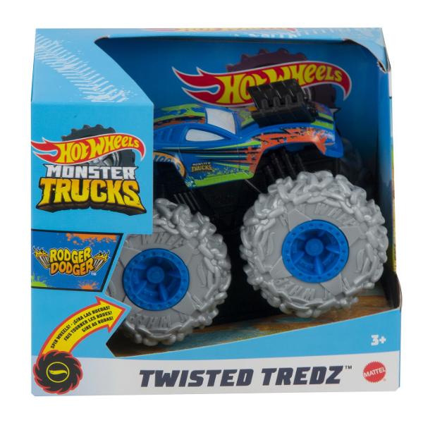 Hot Wheels Monster Truck Masinuta Twister Tredz Roger Dodger Scara 1:43 MTGVK37_GVK40 Zdrobiti concurenta cu acest asortiment de vehicule monster truck Hot Wheels Twisted Tredz la scara 143 monstruoase cu sasiuri cu tematica de creatura Motorul cu frictiune cu actiune de tragere inapoi si eliberare lanseaza aceste vehicule feroce peste obstacole si teren cu o deplasare inainte care rupe pamantul Accelerati si eliberati vehiculele de neoprit Mega Wrex Bone Shaker Rodger Dodger sau Marvel Hulk pentru busituri si lovituri Fiecare Monster Truck are cauciucuri GIGANT stilizate