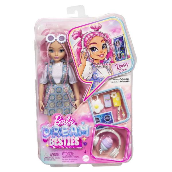 Barbie Dream Besties Papusa Daisy Jean MTJDD74 Papusile Barbie Dream Besties incurajeaza copiii sa-si impartaseasca talentele unice lumii la fel ca Daisy Jean Daisy Jean viseaza sa detina o casa de muzica si sa cante la cel mai mare festival de muzica ajuta-o sa-si urmareasca visurile cu 9 accesorii diferite cu tematica muzicala inclusiv casti o tableta DJ si telefon Papusa de moda are de asemenea parul lung si ondulat roz pentru distractia de coafat Papusile Barbie Dream Besties inspira copiii de la 4 ani in sus sa-si implineasca