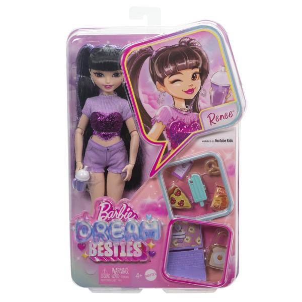 Papusile Barbie Dream Besties incurajeaza copiii sa-si impartaseasca talentele unice lumii la fel ca Renee Renee viseaza sa gazduiasca o emisiune culinara si de calatorie - ajuta-o sa creeze vloguri cu 11 accesorii inclusiv o pizza un covrig si un laptop Papusa de moda are parul lung si negru cu reflexe mov stralucitoare pentru distractia de coafare Papusile Barbie Dream Besties inspira copiii de la 4 ani in sus sa viseze mare si sa-si implineasca visele Papusa nu poate sta singura 