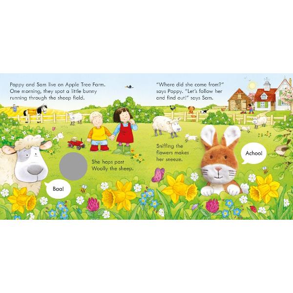 Join Poppy and Sam as they follow their new friend the bunny around Apple Tree Farm in this adorable finger puppet book Push your finger through the hole to bring the bunny to life and make simple actions from sniffing the flowers to nibbling a carrot With charming illustrations and of course the little yellow duck to spot on every page