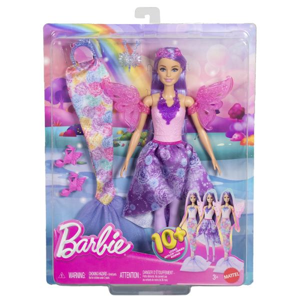 Combina si potriveste peste 10 look-uri magice cu acest set de imbracaminte Barbie Fantasy Acest pachet de moda include 8 piese inclusiv o coada de sirena un set de aripi o fusta si accesorii Copiii pot stiliza si transforma aceasta papusa Barbie pentru aventuri fantastice de la mare la cer si oriunde altundeva ii duce imaginatia