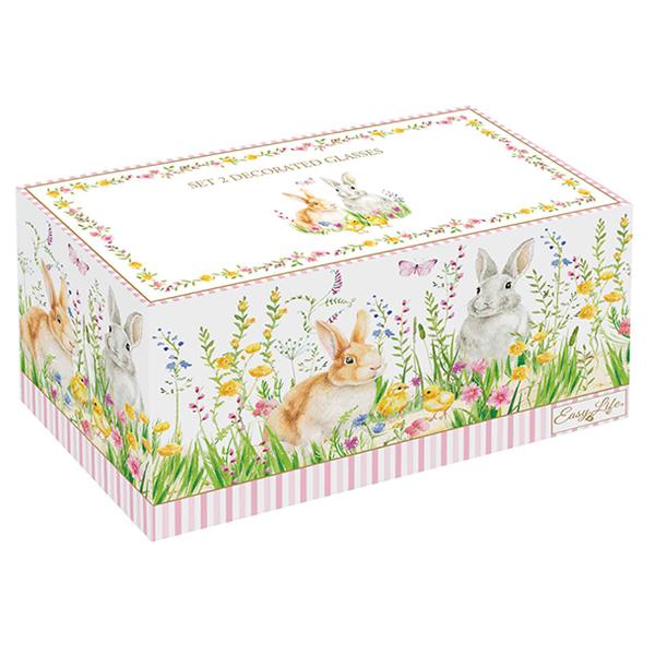 Cu forme clasice si decoratiuni delicate portelanurile din colectia Happy Easter vor crea o atmosfera proaspata si lipsita de griji la masa ta de Paste Acest set are decora&539;iuni delicate cu tematic&259; pascal&259; având în centru doi iepura&537;i simpatici înconjura&539;i de pui&537;ori curio&537;i pe un fundal de paji&537;te înflorit&259;Paharele sunt ideale pentru a servi ap&259; sucuri cocktail-uri &537;i alte b&259;uturi 