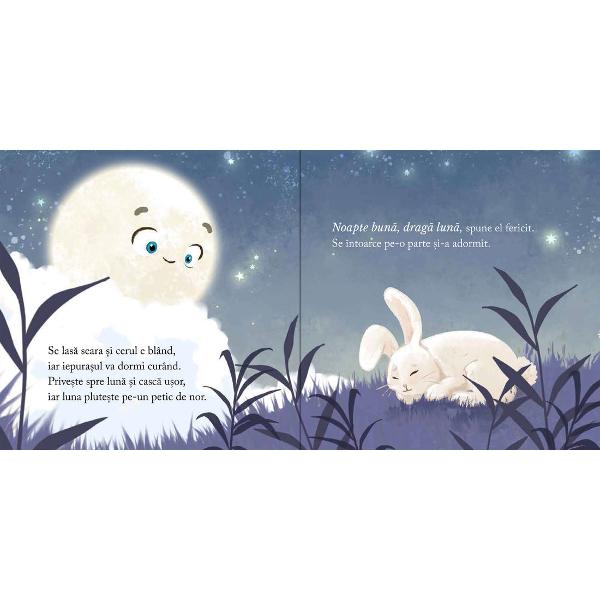 Un iepura&537; un &537;oricel un ursule&539; &537;i multe alte f&259;pturi mai mici sau mai mari se bucur&259; când apare luna cea blând&259;Toat&259; lumea o iube&537;te Ia te uit&259; tocmai a sositNoapte bun&259; drag&259; lun&259;