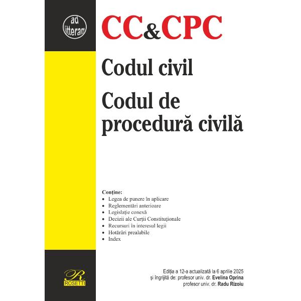 Prezenta edi&539;ia a lucr&259;rii Codul civil & Codul de procedur&259; civil&259; con&539;ine textele legislative actualizate la data de 6 aprilie 2025 adnotate cu reglement&259;rile anterioare dispozi&539;ii conexe &537;i tranzitorii deciziile ale Cur&539;ii Constitu&539;ionale recursuri în interesul legii &537;i hot&259;râri prealabileÎn anexa Codului civil este inclus&259; în 