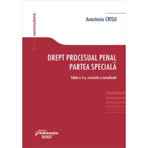 Cartea Drept procesual penal Partea speciala prezinta institutiile din Partea speciala a Codului de procedura penala in vigoare fiind o continuare fireasca a celei intitulate Drept procesual penal Partea generala aparuta de asemenea la Editura HamangiuLucrarea cuprinde 5 titluri urmarind structura codului Astfel sunt analizateurmarirea penala;camera preliminara;judecata in prima instanta in caile de atac ordinare si in cele extraordinare 