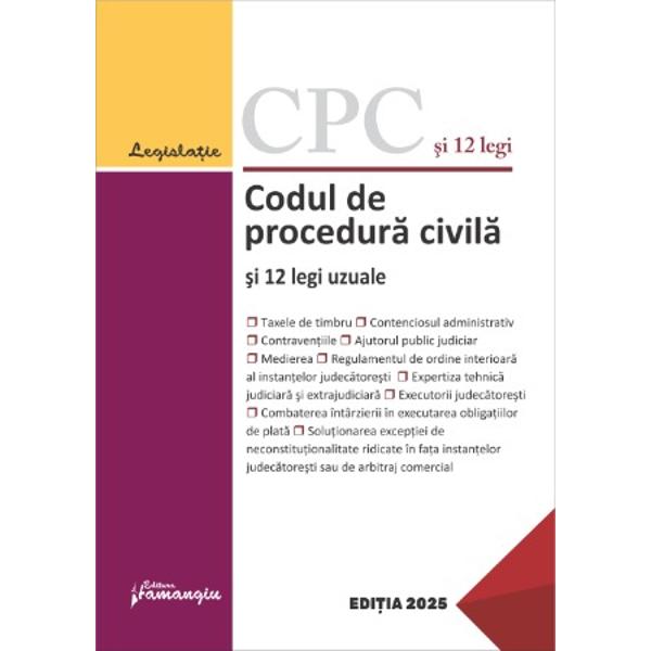Codul de procedura civila si 12 legi uzuale cuprinde textul la zi al Codului de procedura civila iar in extras sunt redate dispozitiile tranzitorii si de punere in aplicare din Legea nr 762012 si din Legea nr 22013 In plus contine integral sau in extras 10 dintre cele mai uzuale acte normative care intregesc cadrul legal al procedurii civile Regulamentul de ordine interioara al instantelor judecatoresti contenciosul administrativ regimul juridic al contraventiilor taxele de 
