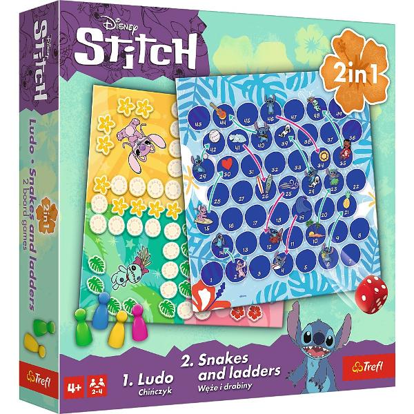 Joc Disney Stitch 2In1 Ludo Si Serpisori Scari 02656 Disney Stitch 2in1 Ludo Serpisori & Scari este un joc de societate pentru intreaga familie Descopera distractia alaturi de personajul indragit Stitch in acest joc 2in1 care aduce impreuna doua dintre cele mai iubite jocuri clasice Ludo si Serpisori Scari Cu un design colorat si tematic inspirat din universul Disney acest joc este perfect pentru copii si familie 2 jocuri intr-unul singur pe o parte a tablei de joc se afla clasicul Ludo iar pe cealalta parte jocul Serpisori si Scari