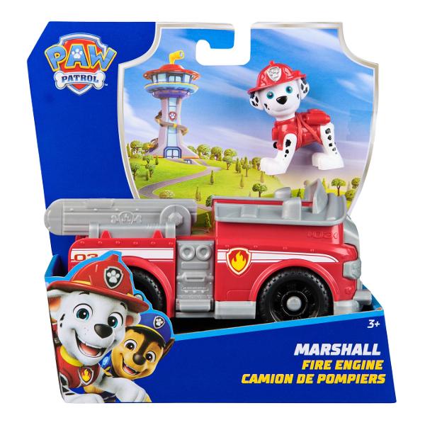 Vehiculele de baza cu functii de actiune mobile individuale si o figurina la bord permit aventurilor din serialul TV Paw Patrol sa traiasca si in camera copiilor Este inclusa o singura figura cu un vehicul Vehiculul si figurina de jucarie sunt in mare parte fabricate din plastic reciclat Chase Skye Marshall Rubble Zuma Everest Tracker si Rocky cu vehiculele lor sunt disponibile individual Toate vehiculele de baza durabilevehiculele de baza includ o figurina de caine care poate fi 