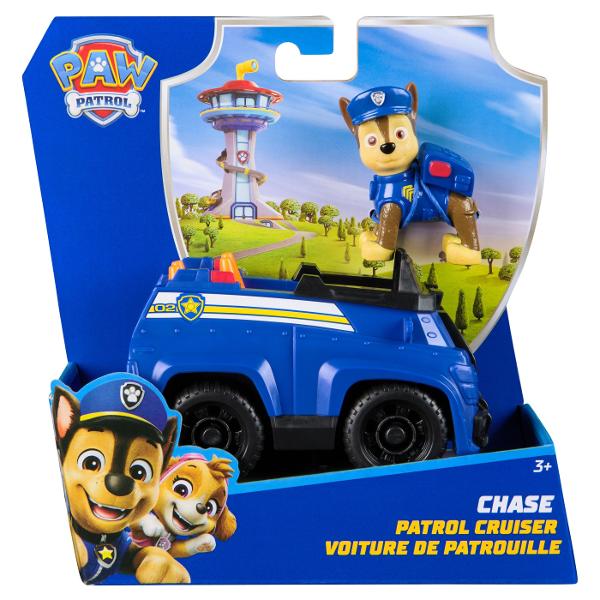 Vehiculele de baza cu functii de actiune mobile individuale si o figurina la bord permit aventurilor din serialul TV Paw Patrol sa traiasca si in camera copiilor Este inclusa o singura figura cu un vehicul Vehiculul si figurina de jucarie sunt in mare parte fabricate din plastic reciclat Chase Skye Marshall Rubble Zuma Everest Tracker si Rocky cu vehiculele lor sunt disponibile individual Toate vehiculele de baza durabilevehiculele de baza includ o figurina de caine care poate fi 