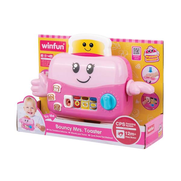Transforma joaca intr-o experienta distractiva si interactiva cu jucaria toaster de la Winfun Micutul tau poate pregati &bdquopaine prajita&rdquo prin simpla apasare a painii in toaster si apasarea butonului care o face sa sara afara Cu butoane pentru a alege gradul de rumenire copiii pot decide intre paine usor sau bine prajita iar cele trei toppinguri preferate  gem miere si unt de arahide  adauga un plus de creativitate in joaca Toasterul include un buton temporizator cu lumina 