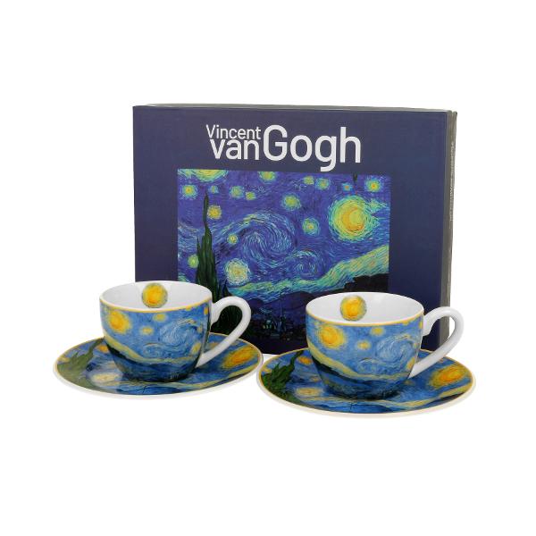 Un set de dou&259; ce&537;ti de espresso cu farfurioare  STARRY NIGHT inspirate de Van Gogh parte a seriei Art Gallery  realizate din por&539;elan de calitate superioara caracterizate printr-o culoare alb-crem elegant&259; &537;i natural&259; cu o str&259;lucire delicat&259; precum &537;i o durabilitate excep&539;ional&259;Setul este realizat din por&539;elan decorat cu un fragment din 