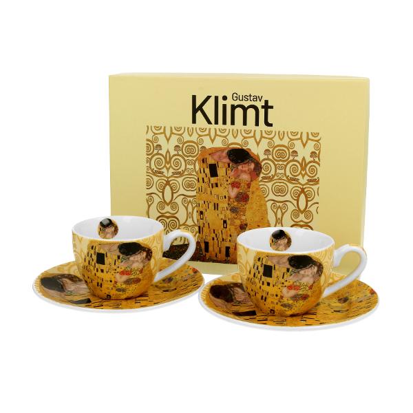 Set cu dou&259; ce&537;ti de espresso de 110 ml cu farfurioare THE KISS ECRU inspirate de Gustav Klimt parte a seriei Art Gallery  realizate din por&539;elan de calitate superioara caracterizate printr-o culoare alb-crem elegant&259; &537;i natural&259; cu o str&259;lucire delicat&259; precum &537;i o durabilitate excep&539;ional&259;Setul este decorat cu o reproducere a 