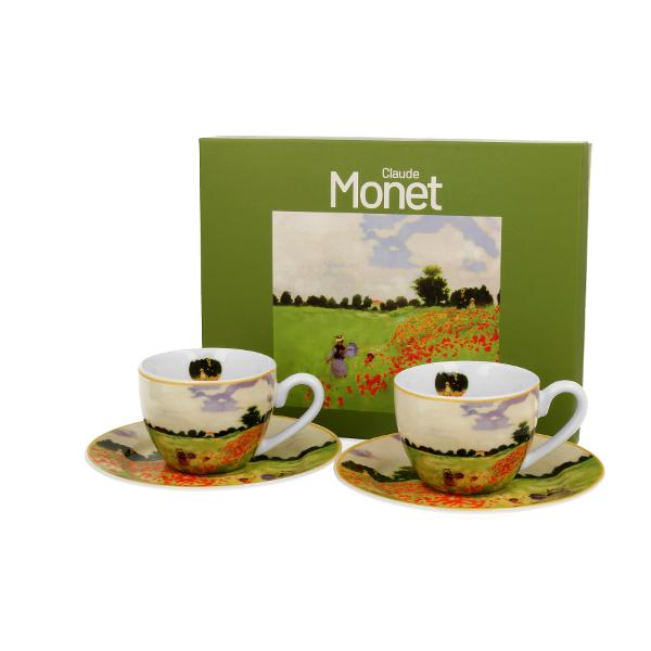 Dou&259; ce&537;ti pentru espresso cu farfurioare POPPY FIELD inspirate de C Monet parte a seriei Art Gallery  realizate din por&539;elan de calitate superioar&259; caracterizat printr-o culoare alb-crem elegant&259; &537;i natural&259; cu o str&259;lucire delicat&259; precum &537;i o durabilitate excep&539;ional&259;Setul este decorat cu un fragment a tabloului  „Maci 