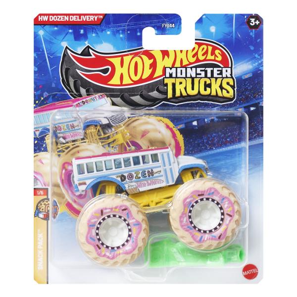 Colectioneaza masinutele Hot Wheeels gigantice pentru numeroase cascadorii Striviti competitia cu masinuta de baza 164 are motoare puternice de frecare si actiuni feroce pe roti acesti monstri sunt de neoprit Fiecare se vinde separat in functie de disponibilitate Culorile si decoratiunile pot varia Acest pachet contine personajul Dozen Delivery