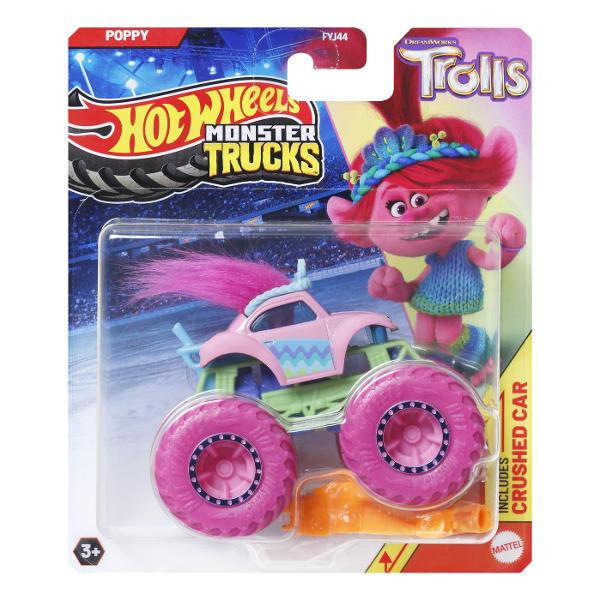 Colectioneaza masinutele Hot Wheeels gigantice pentru numeroase cascadorii Striviti competitia cu masinuta de baza 164 are motoare puternice de frecare si actiuni feroce pe roti acesti monstri sunt de neoprit Fiecare se vinde separat in functie de disponibilitate Culorile si decoratiunile pot varia Pachetul contine personajul Trolls Poppy