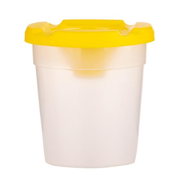material plastic capac in diverse culorimarginile capacului pot fi utilizate ca suport pentru pensuledimensiune 85x 8 x 58cm Vasul este realizat din polipropilena &537;i este format din trei par&539;i un recipient transparent o parte superioara colorata detasabila cu deschidere conica si un capac transparent detasabil Exista caneluri orizontale in partea superioara colorata care va permit sa plasati pensuleleDaca 