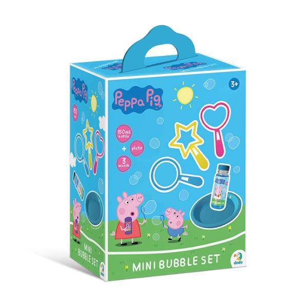 Peppa Pig Set Mini De Baloane De Sapun 150 Ml DD200608 Set mini de baloane de sapun 150 ml Peppa Pig Copiii pur si simplu adora sa se joace cu aceste bule care le aduc o distractie si o bucurie incredibile Lasati-i pe cei mici sa se cufunde in lumea minunata a jocului cu baloanele de sapun Peppa Pig si vedeti-i cum se distreaza si zambesc Turnati o cantitate mica de solutie intr-un bol Introduceti complet bagheta de suflare in lichid Ridicati incet bagheta asigurandu-va ca membrana solutiei de sapun este intinsa peste toate cercurile