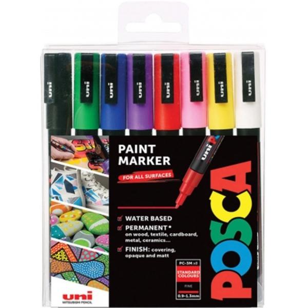 Va recomandam setul de 8 markere Uni Posca PC-3M ce au o multitudine de utilizari precum scrapbook-uri felicitari decorarea fotografiilor scrierea pe sticla realizarea de decoratiuni pe diferite suprafete personalizarea placilor de skateboard Datorita culorilor vii si a posibilitatii de a colora uniform aceste markere inedite sunt indragite si de copii Markerele cu grosimea de scriere de 09 - 13 mm sunt potrivite pentru colorarea detaliilor sau pentru trasarea unor linii precise 