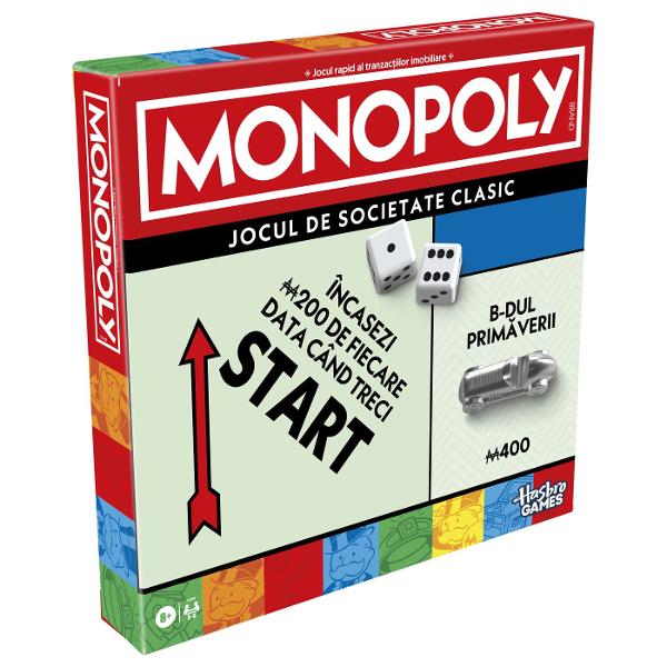Monopoly joc clasic limba romana G0009 Castiga tot sau pierde tot in jocul de societate Monopoly In aceasta editie a distractivului joc de familie bucura-te de jocul clasic pe care fanii il cunosc si il iubesc plus caracteristici imbunatatite Am inclus un suport de depozitare elegant pentru a pastra in ordine banii cartile si piesele de joc De asemenea am marit dimensiunea pionilor caselor si hotelurilor fata de editiile anterioare pentru o manevrare mai usoara Jucatorii se deplaseaza pe tabla si cumpara cat mai multe