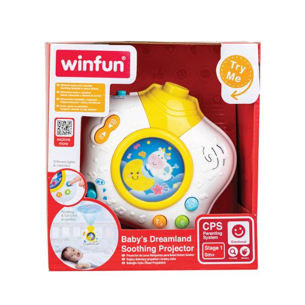 Winfun Proiector Cu Lumini Si Sunete Win00806A Proiectorul Winfun transforma camera copilului intr-un loc magic plin de culoare si sunete relaxante Acesta proiecteaza o scena colorata rotativa si ofera trei moduri de selectie animatii sunete din natura si modele de iluminare Fiecare mod aduce o combinatie diferita de lumini si melodii creand o atmosfera calmanta pentru micutul tau Cu melodii de leagan linistitoare si efecte sonore proiectorul ajuta la relaxarea celor mici inainte de somn De asemenea ofera trei optiuni de setare