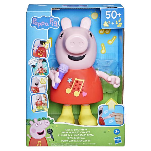 Peppa Pig Papusa Peppa Canta Si Vorbeste G0518 Cu peste 50 de expresii cantece si efecte sonore Purcelusa Peppa care vorbeste si canta va face ora de joaca mult mai distractiva Aceasta jucarie super draguta pentru fete si baieti vorbeste joaca &bdquoI Spy&rdquo si canta 4 melodii schimbarea modului se face usor prin miscarea microfonului in sus sau in jos Copiii ii pot misca bratul pentru a-i face gura sa se miste si o vor putea auzi vorbind sau cantand Micii purcelusi o pot face pe Peppa sa pretinda ca sare in balti noroioase