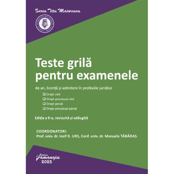 Lucrarea contine teste-grila din toate cele patru materii de studiu care se regasesc atat la examenele de licenta si de an cat si la examenele sau concursurile de admitere in magistratura avocatura sau notariat respectiv drept civil drept procesual civil drept penal drept procesual penal In ceea ce priveste tematica s-a urmarit ca in cadrul fiecarei institutii sa existe o suprapunere cel putin partiala cu tematica acestor examene Toate grilele sunt prevazute cu 