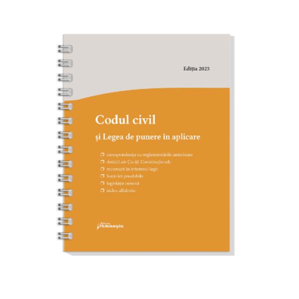 Lucrarea de fata cuprinde Codul civil si Legea de punere in aplicare a acestuia redata in extrasTextul Codului civil este insotit de articolele corespondente din vechiul Cod civil Codul comercial Codul familiei Decretul nr 1671958 si celelalte acte normative anterioare al caror continut a fost absorbit in Codul civil toate acestea fiind redate la finalul articolelor cu caractere italice De asemenea se fac trimiteri la legislatia conexa 
