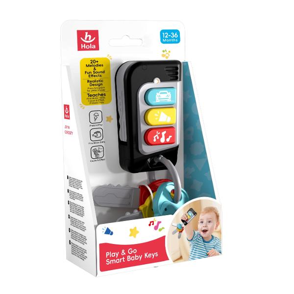 Jucarie interactiva si educativa special conceputa pentru copiii cu varsta intre 12 si 36 de luni Jucaria imita un set real de chei auto si include telecomanda cu butoane colorate care redau peste 20 de melodii si efecte sonore distractive Designul realist si culorile vii atrag atentia celor mici si ii incurajeaza sa exploreze sa apese butoanele si sa descopere sunetele dezvoltandu-si astfel motricitatea fina si intelegerea relatiei cauza-efect Cheitele din plastic durabil sunt sigure 