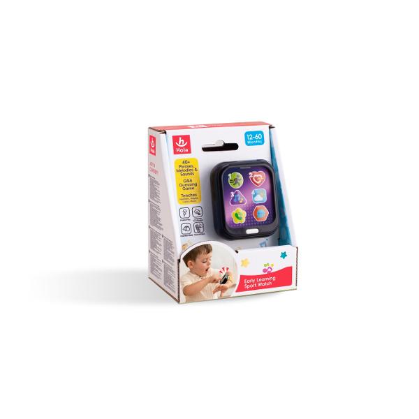 Ceasul educativ de la Hola Toys este o jucarie interactiva special conceputa pentru copiii cu varsta intre 12 si 60 de luni Acest ceas inteligent ofera peste 40 de sunete melodii si fraze care stimuleaza invatarea si curiozitatea copilului Echipat cu butoane colorate si afisaje grafice atractive incurajeaza jocul de rol si ii ajuta pe cei mici sa invete numere forme culori si notiuni muzicale intr-un mod distractiv Include si un joc de intrebari si raspunsuri care provoaca gandirea si 