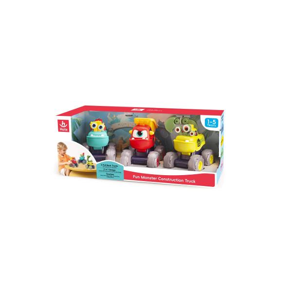 Setul de camioane de constructie cu monstruleti de la Hola Toys este o jucarie amuzanta si educativa potrivita pentru copiii cu varsta intre 1 si 5 ani Pachetul contine trei camioane colorate fiecare avand un design prietenos de monstrulet care atrage atentia celor mici si incurajeaza jocul creativ Camioanele functioneaza prin sistemul &bdquopull-back&rdquo adica se trag usor inapoi si pornesc singure inainte oferind ore intregi de distractie interactiva Designul 2 in 1 imbina 
