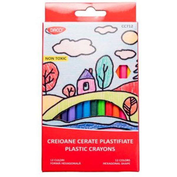 Creioane Colorate Plastifiate, 12 culori + Ascutitoare Daco Cc712 Setul de la DACO include 12 creioane cerate plastifiate rezistente &537;i u&537;or de utilizat al&259;turi de o ascu&539;itoare &537;i o radier&259; – tot ce ai nevoie într-un singur set Creioanele au un corp hexagonal ce ofer&259; o prindere stabil&259; iar mina groas&259; de 8 mm permite colorarea uniform&259; &537;i vibrant&259; În plus creioanele nu murd&259;resc mâinile fiind ideale pentru cei
