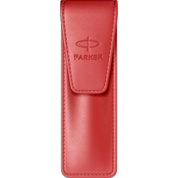Etui 2 instrumente de scris piele nappa rosu inchis embosata cu sigla Parker inchidere cu magnet