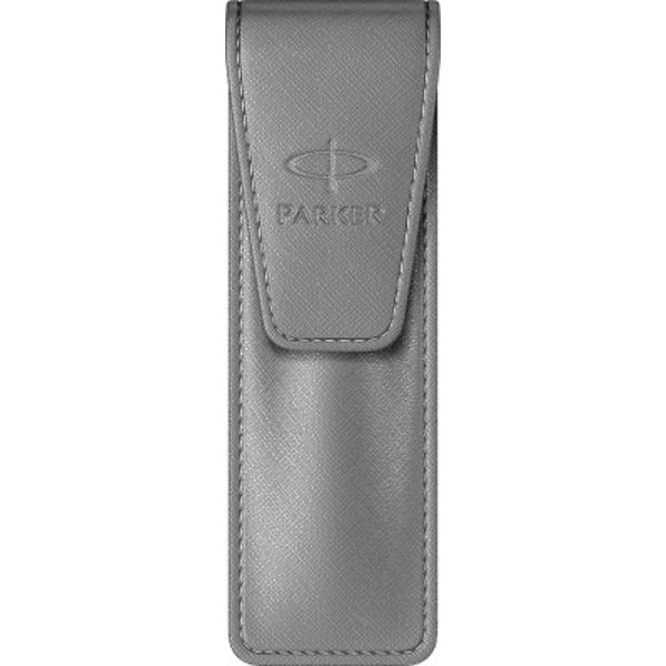Etui 2 instrumente de scris piele nappa gri embosata cu sigla Parker inchidere cu magnet