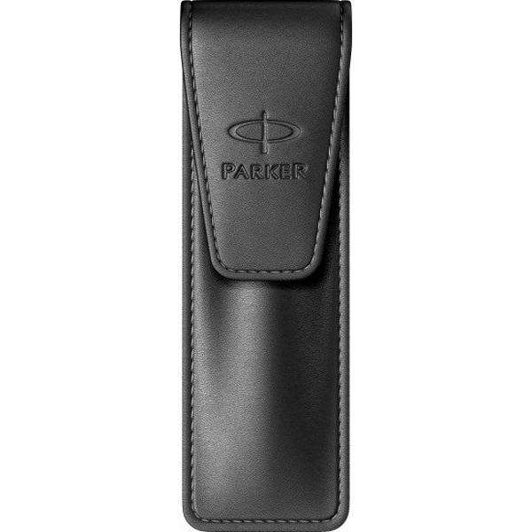 Etui pentru doua  instrumente de scris din piele nappa  embosata cu sigla PARKER inchidere cu magnet