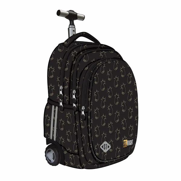 Descopera trollerul scolar Majewski ST Right TB01 din colectia Golden Cats perfect pentru cei care doresc un ghiozdan functional si stilat Acest troller combina confortul unui rucsac cu practicitatea unui troller fiind ideal pentru scoala sau calatoriiConfort si siguranta Maner telescopic cu buton de blocare si doua ajustari pentru inaltimea manerului roti durabile cu rotatie usoara si bretele moi si reglabileFunctionalitate 