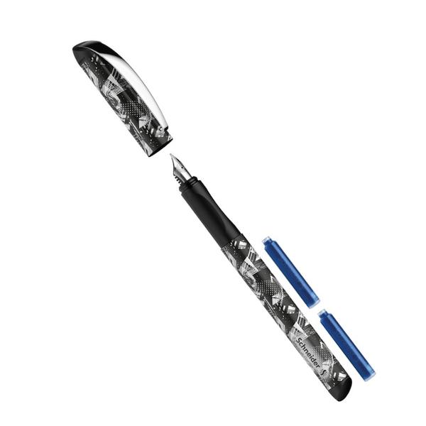 Stilou Schneider INX Sportive  2 rezerve blister NegruStilou cu penita din otel inoxidabil cu iridiu potrivit atat pentru dreptaci cat si pentru stangaciZona de prindere cu manson ergonomicFunctioneaza cu patron standard de cernealaDetalii Stilou  2 rezerve