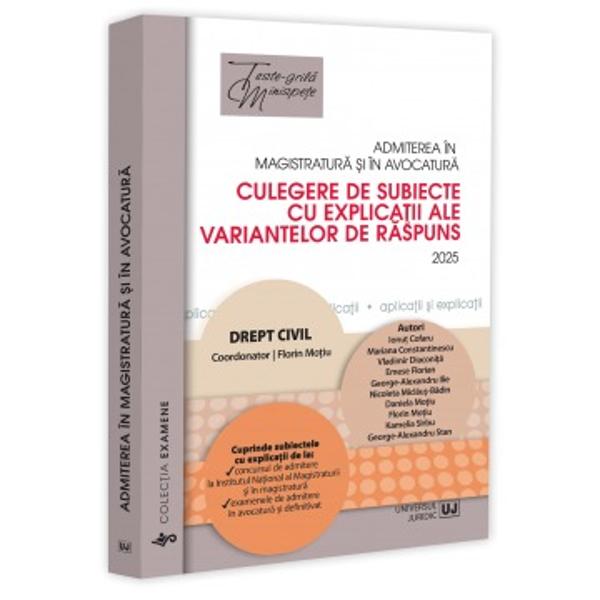 Subiectele selectate respectând structura examenelor pe care se bazeaza astazi concursurile de admitere în profesiile juridice la care se adauga &537;i explica&539;iile tuturor variantelor de raspuns vor permite simularea examenelorconcursurilor de admitere în profesiile juridice precum &537;i gestionarea emo&539;iilor specifice acestoraLucrarea cuprinde subiectele date la concursurileexamenele de admitere în profesiile juridice din ultimii ani 